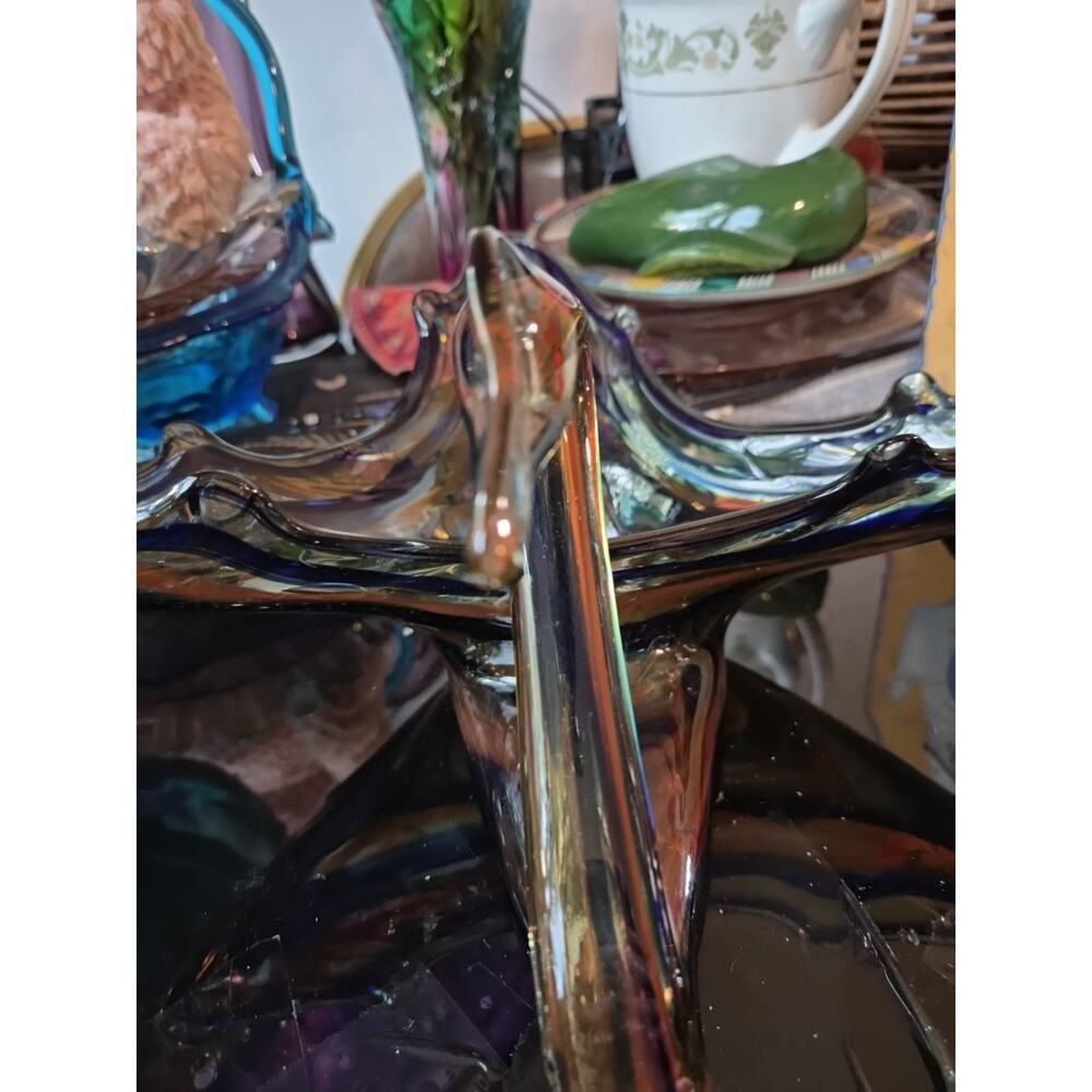Vintage Hand Blowen Carnival Glass Swan Dish Blue And Brown